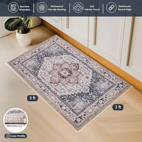PURRUGS Vintage Farmhouse Boho Area Rug, Non-Slip Machine Washable Rug, Accent Oriental Carpet for Living Room, Dining Room, Bedroom, Entryway, Hallway and Kitchen