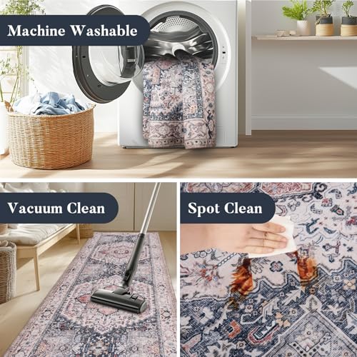 PURRUGS Vintage Farmhouse Boho Area Rug, Non-Slip Machine Washable Rug, Accent Oriental Carpet for Living Room, Dining Room, Bedroom, Entryway, Hallway and Kitchen