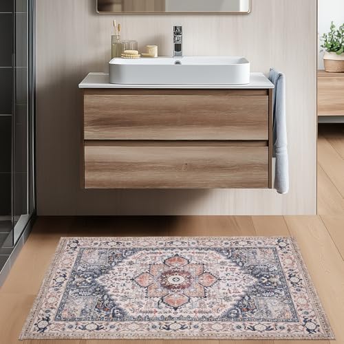 PURRUGS Vintage Farmhouse Boho Area Rug, Non-Slip Machine Washable Rug, Accent Oriental Carpet for Living Room, Dining Room, Bedroom, Entryway, Hallway and Kitchen